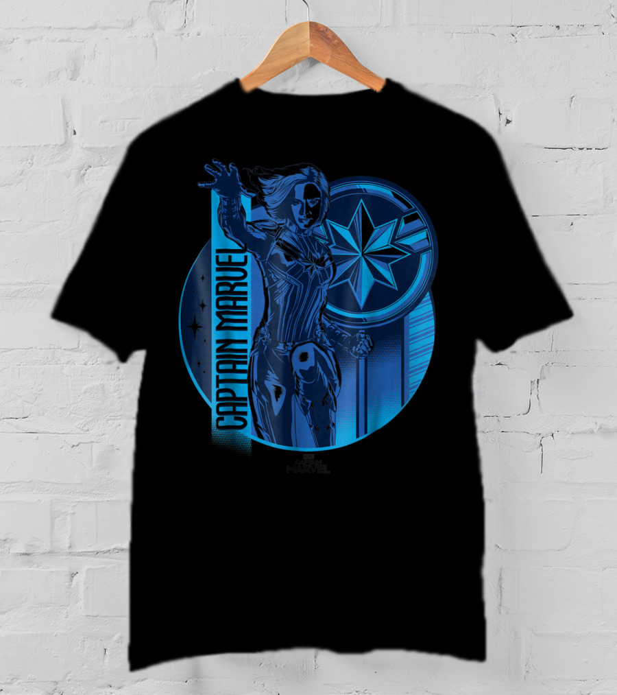 Captain Marvel Reflective Blue Circle Starburst Emblem T-Shirt