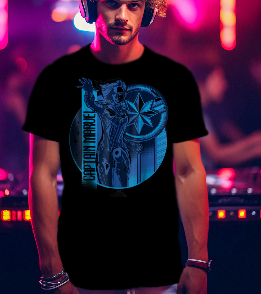 Captain Marvel Reflective Blue Circle Starburst Emblem T-Shirt