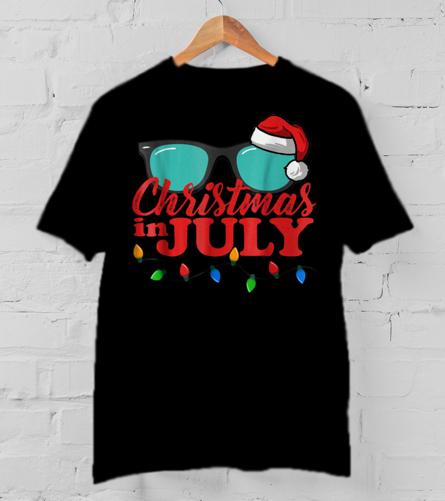 Christmas In July Santa Hat Sunglasses Summer Lights T-Shirt