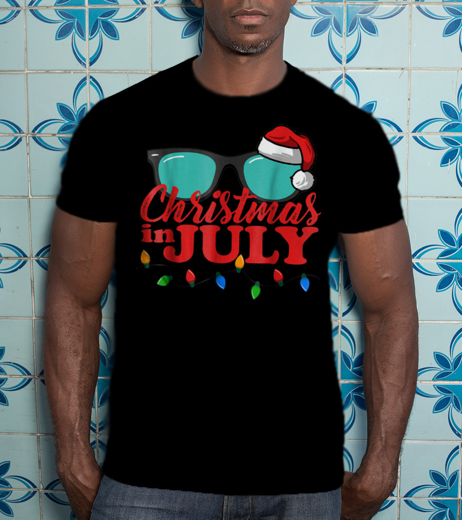 Christmas In July Santa Hat Sunglasses Summer Lights T-Shirt