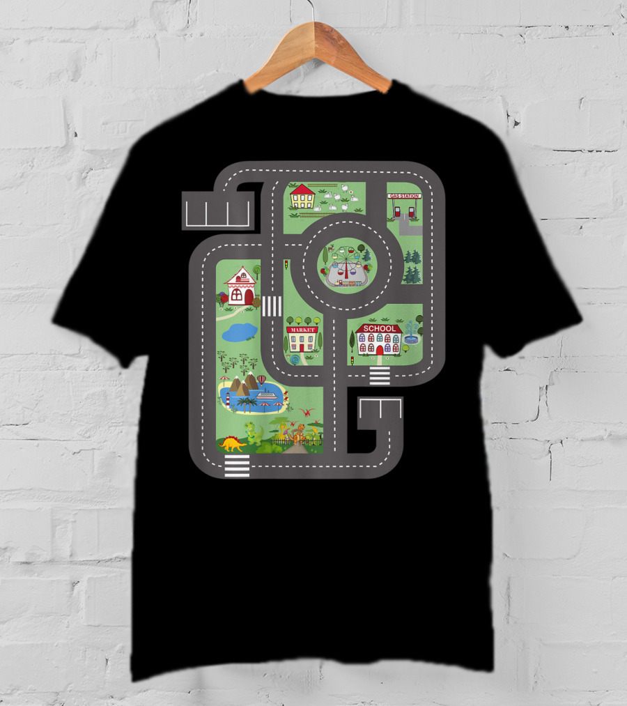 Cool Play Mat Race Car Track On Dad With Dinosaurs School Farm Playground T-Shirt