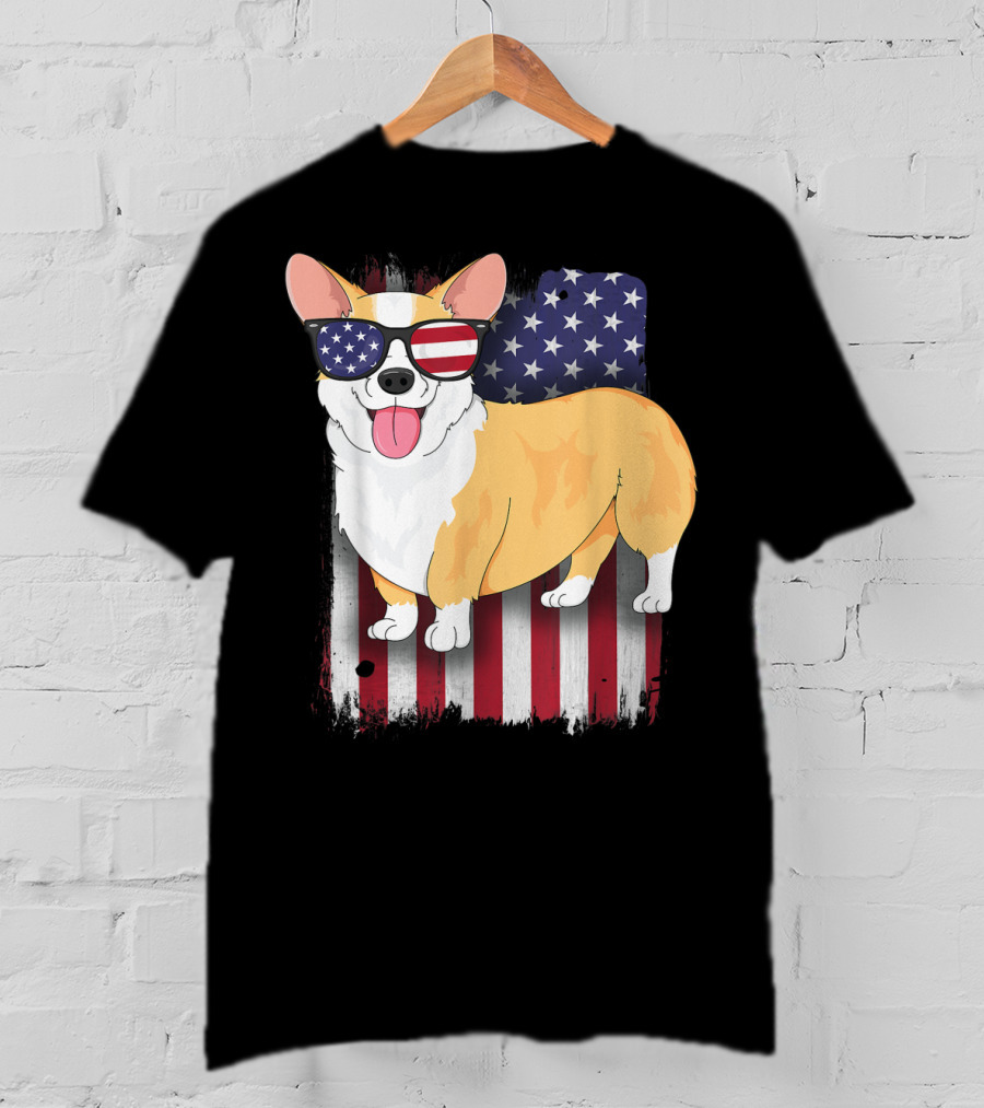 Corgi With Sunglasses American Flag Background T-Shirt