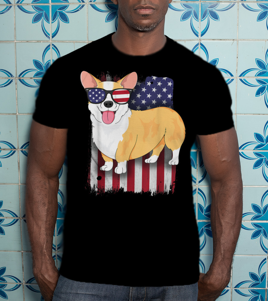Corgi With Sunglasses American Flag Background T-Shirt