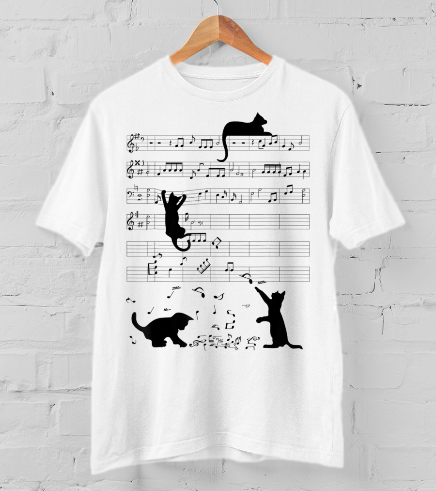 Cute Cat Kitty Climbing And Sitting With Music Notes And Clef T-Shirt