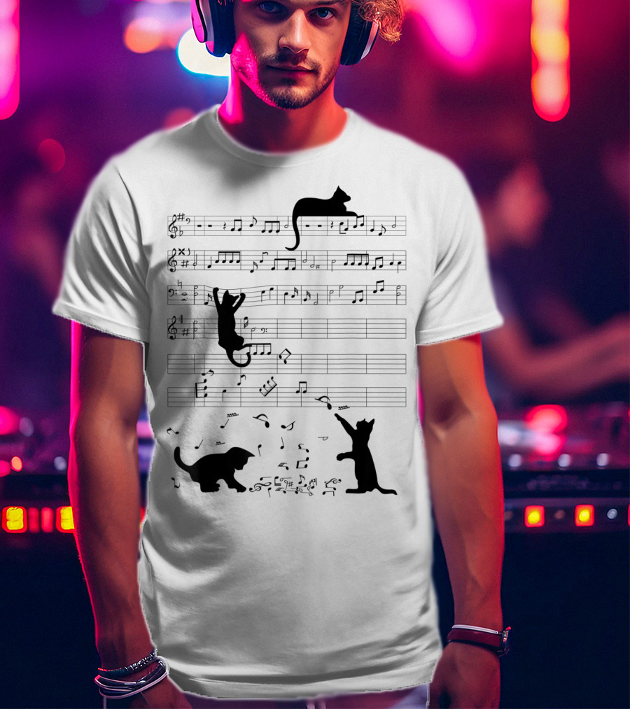 Cute Cat Kitty Climbing And Sitting With Music Notes And Clef T-Shirt