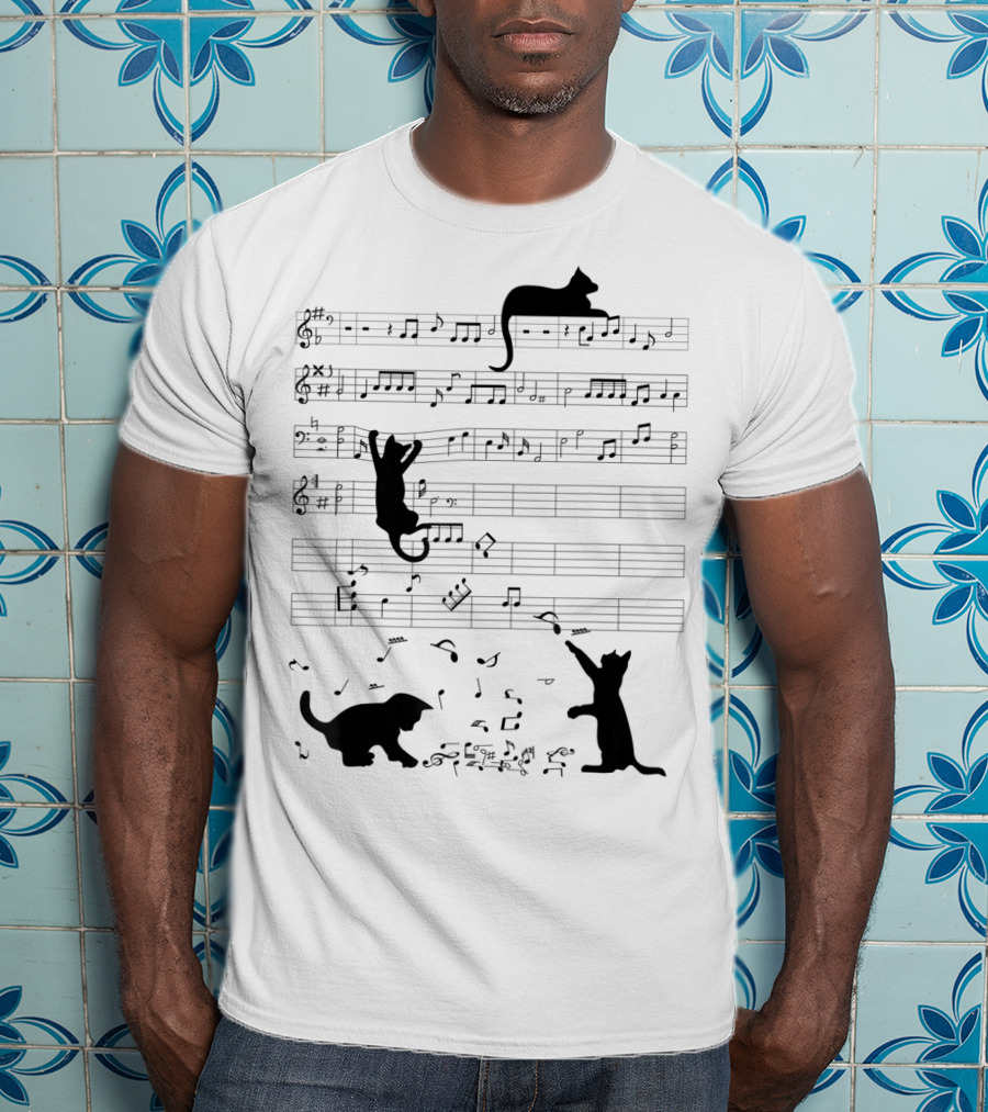 Cute Cat Kitty Climbing And Sitting With Music Notes And Clef T-Shirt