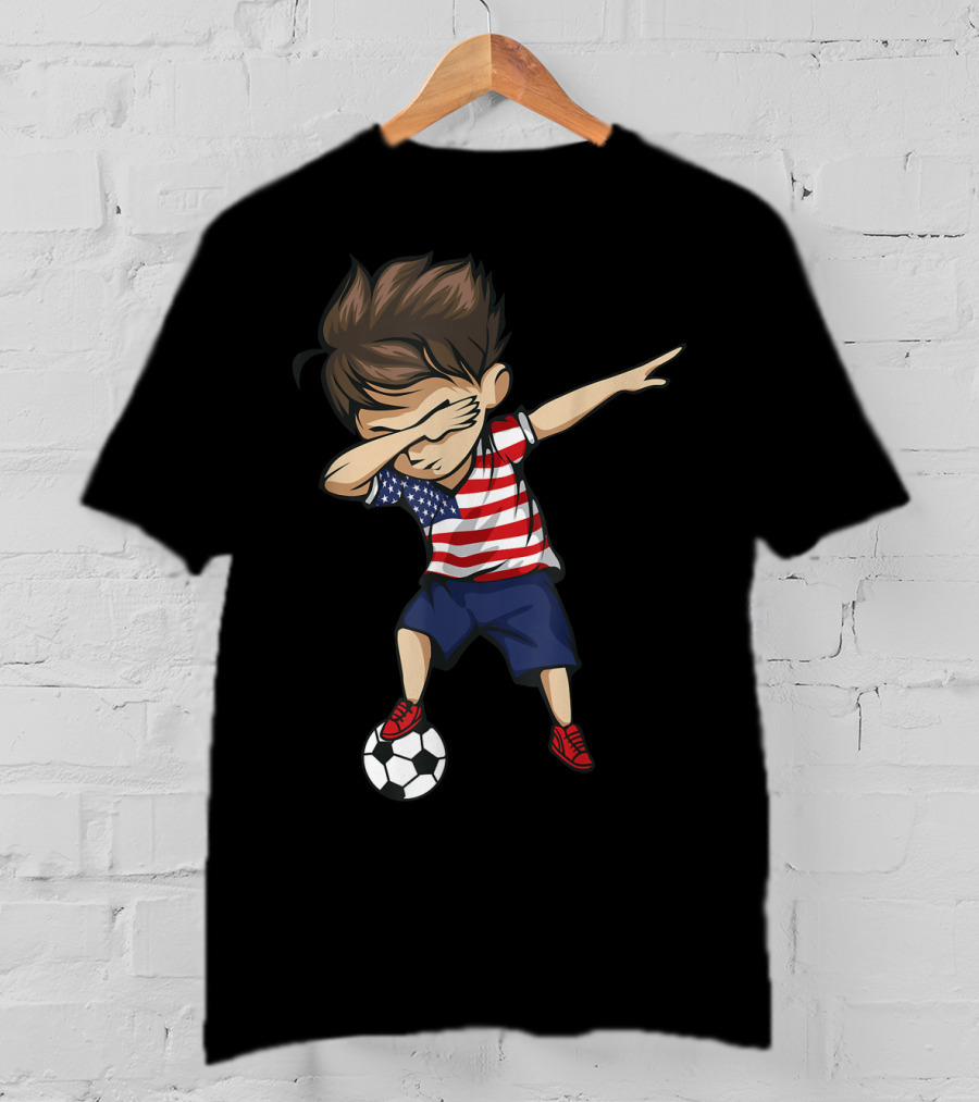 Dabbing Soccer Boy In American Flag Jersey With Soccer Ball T-Shirt