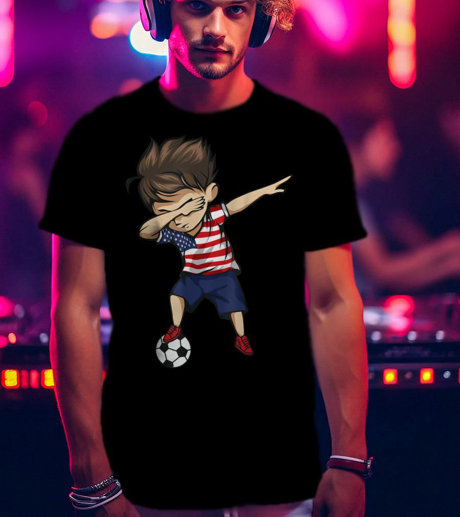 Dabbing Soccer Boy In American Flag Jersey With Soccer Ball T-Shirt