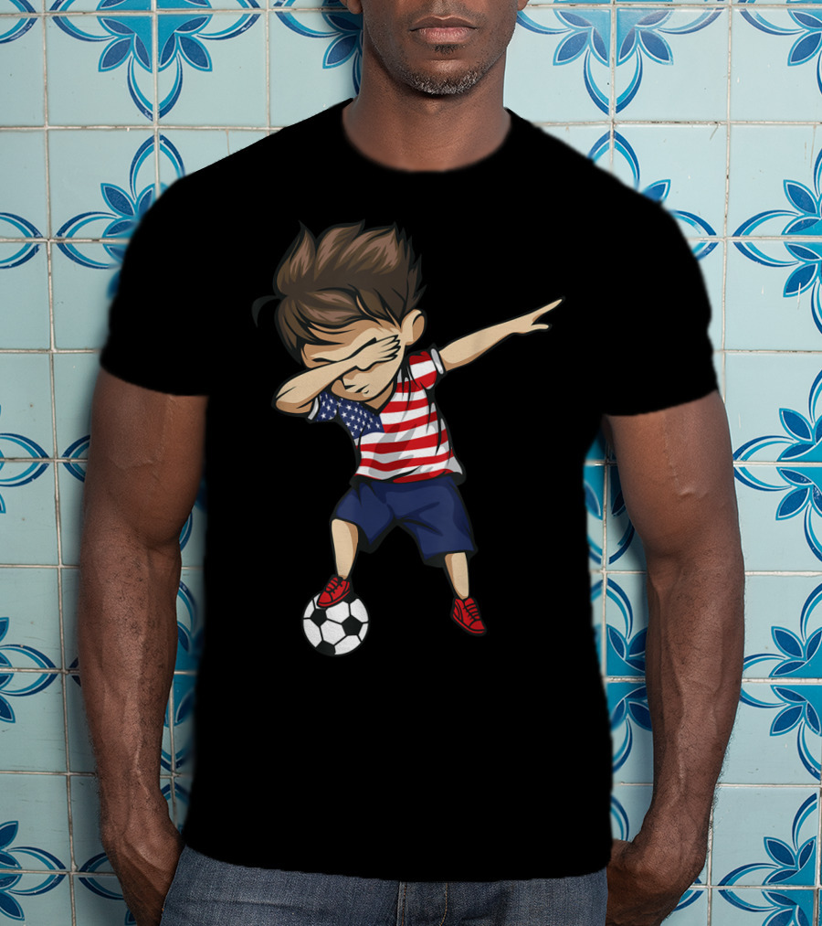 Dabbing Soccer Boy In American Flag Jersey With Soccer Ball T-Shirt