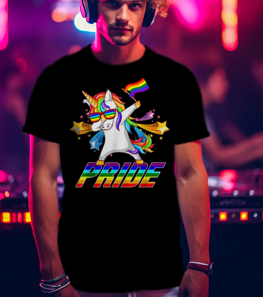 Dabbing Unicorn Rainbow Pride With Stars And Flag T-Shirt