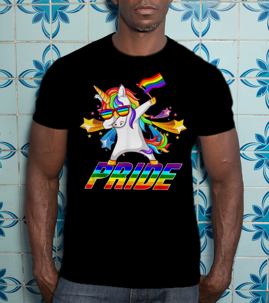 Dabbing Unicorn Rainbow Pride With Stars And Flag T-Shirt