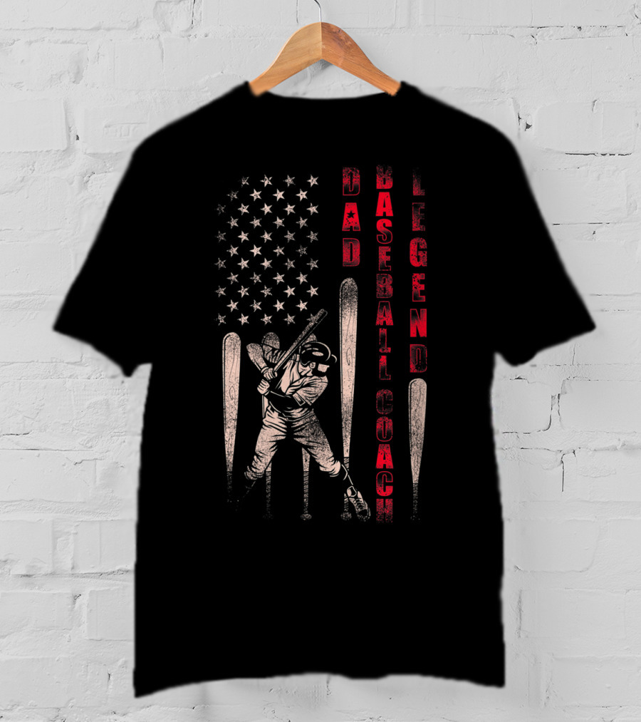 Dad Baseball Coach Legend American Flag Patriotic Batter T-Shirt