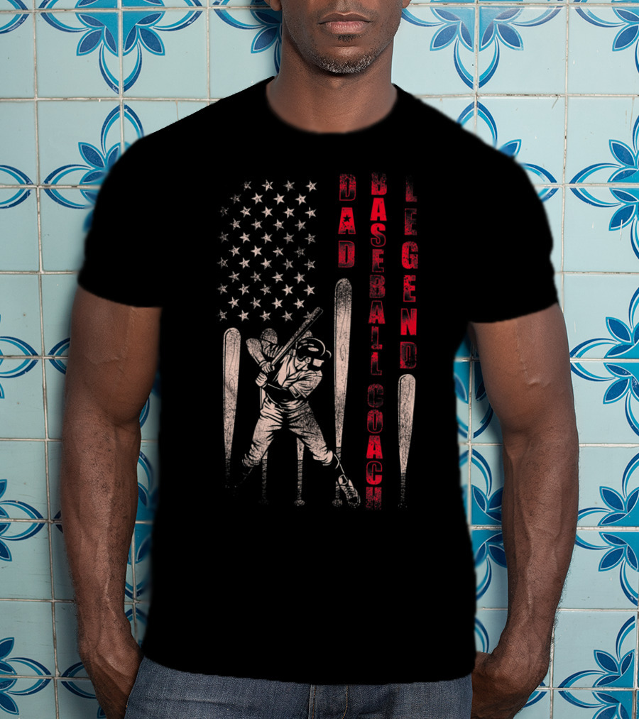 Dad Baseball Coach Legend American Flag Patriotic Batter T-Shirt