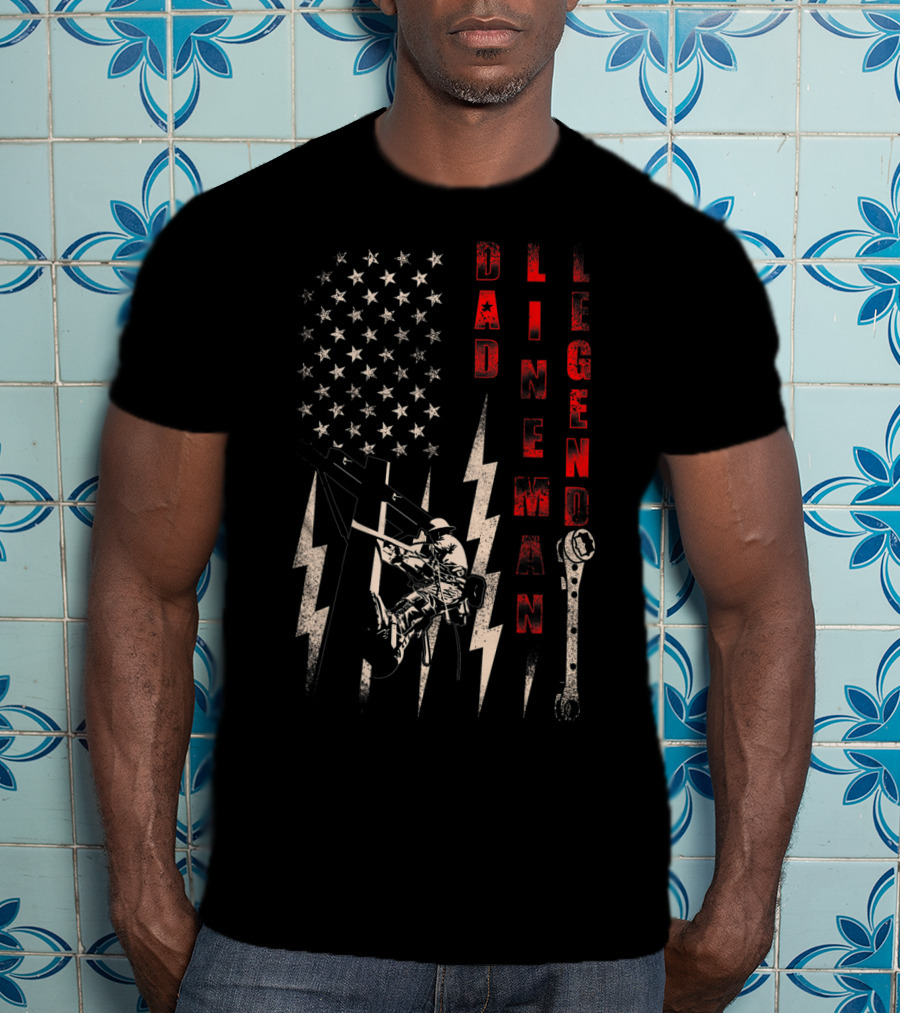 Dad Lineman Legend American Flag Lightning Bolt Wrench T-Shirt