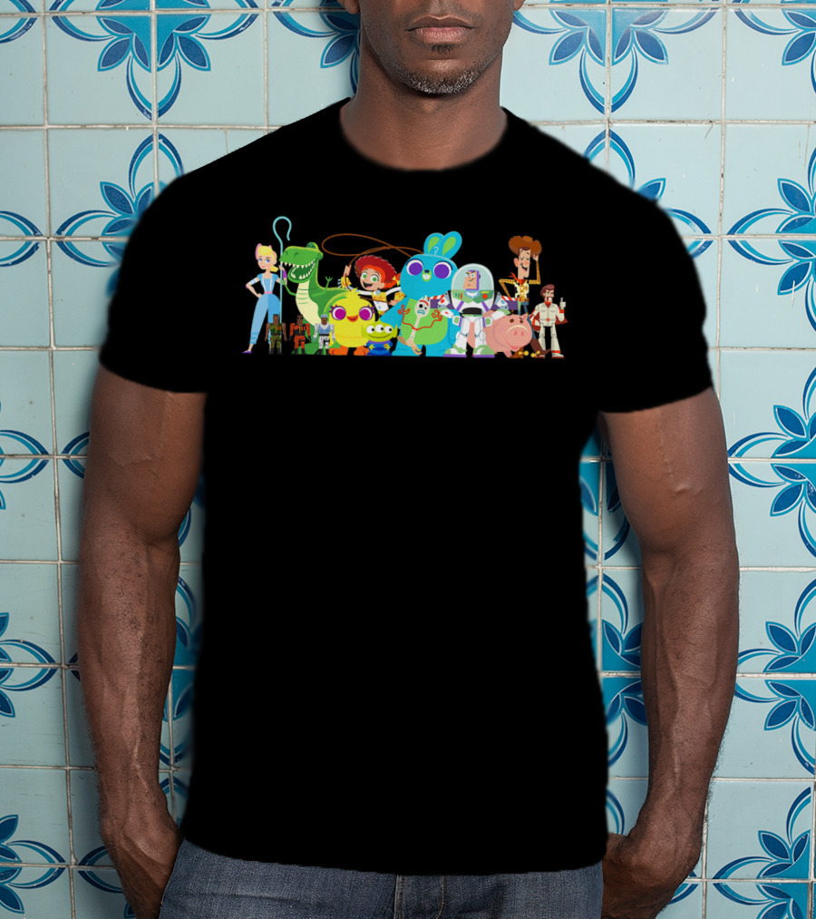 Disney Pixar Toy Story 4 Buzz Woody Bo Peep Buzz Lightyear Rex Jessie Hamm Ducky Bunny Forky Group Character T-Shirt