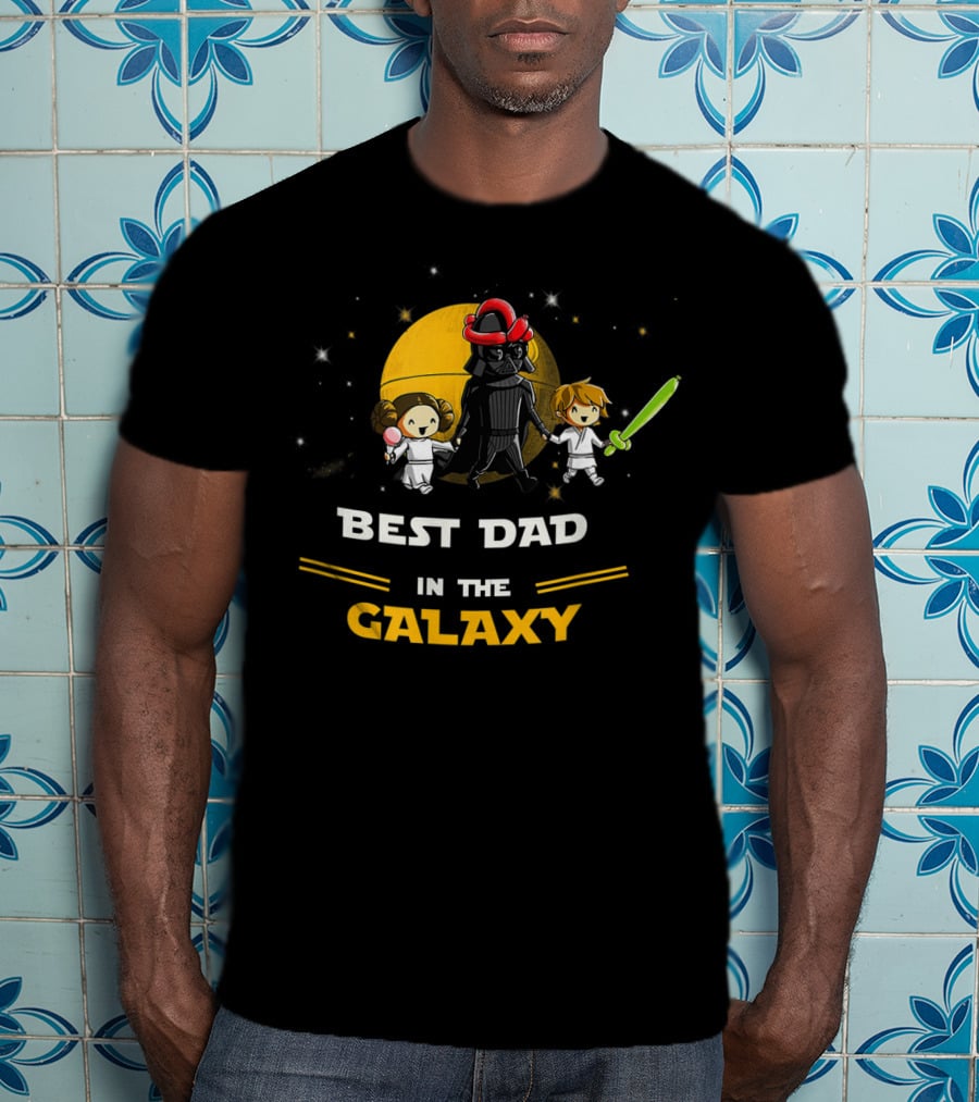 Father Daughter And Son Best Dad In The Galaxy Star Wars Parody With Dark Helmet And Green Lightsaber T-Shirt