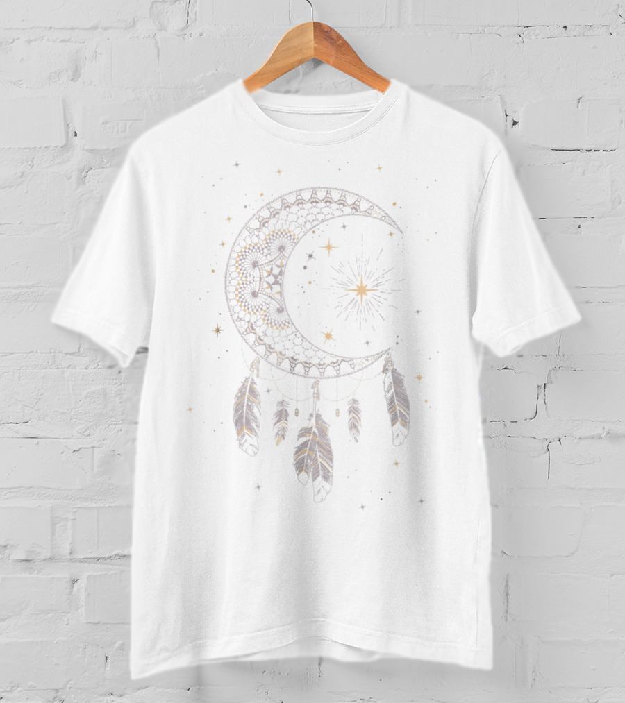 Dream Catcher Crescent Moon With Stars And Feathers Boho T-Shirt