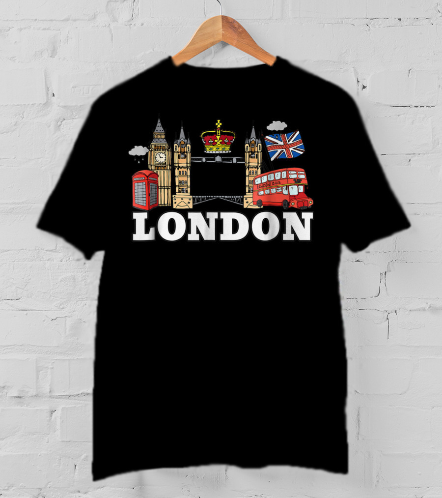 Big Ben Tower Bridge Crown London Bus Phone Box Union Jack Cloud T-Shirt