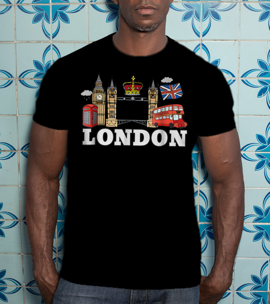 Big Ben Tower Bridge Crown London Bus Phone Box Union Jack Cloud T-Shirt