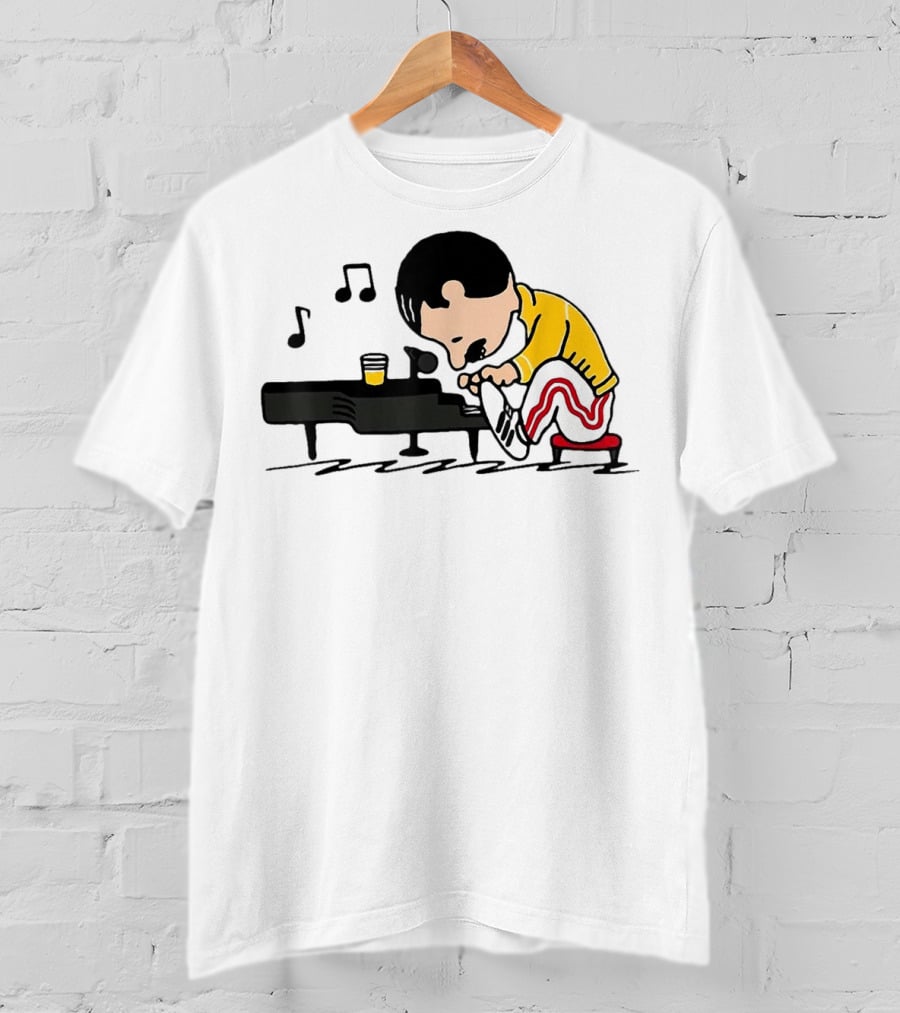 Freddie Peanuts Character Playing Piano With Yellow Jacket And Red Striped Pants T-Shirt