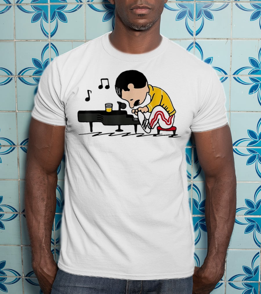 Freddie Peanuts Character Playing Piano With Yellow Jacket And Red Striped Pants T-Shirt