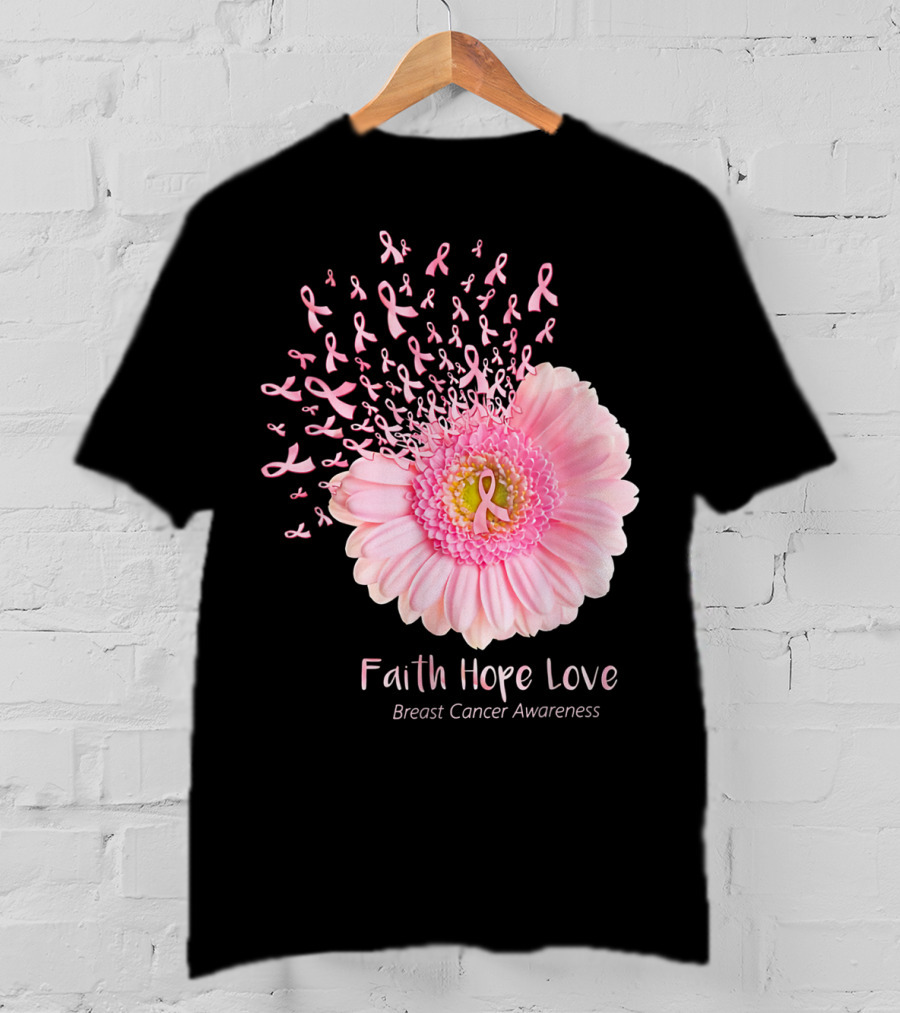Faith Hope Love Breast Cancer Awareness Pink Ribbon Flower Explosion T-Shirt