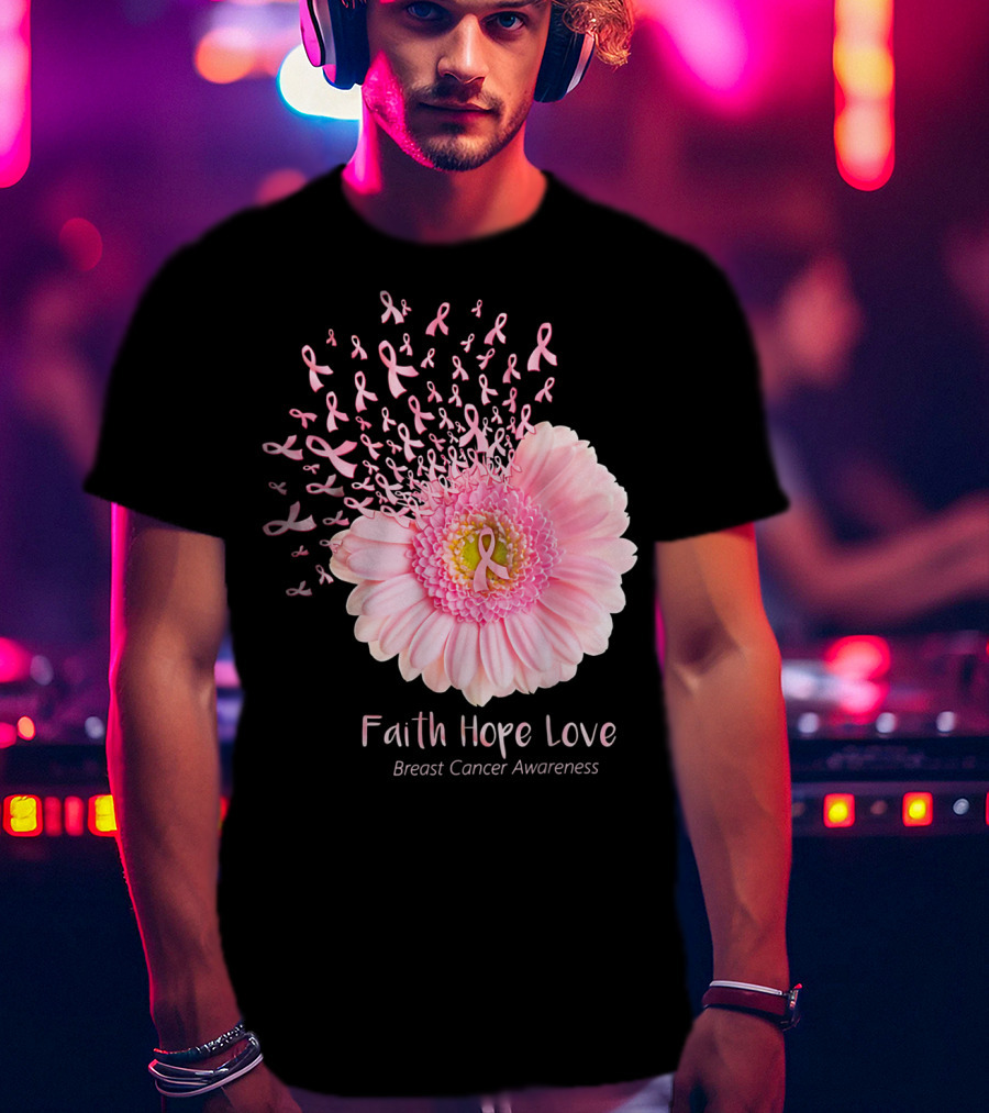 Faith Hope Love Breast Cancer Awareness Pink Ribbon Flower Explosion T-Shirt