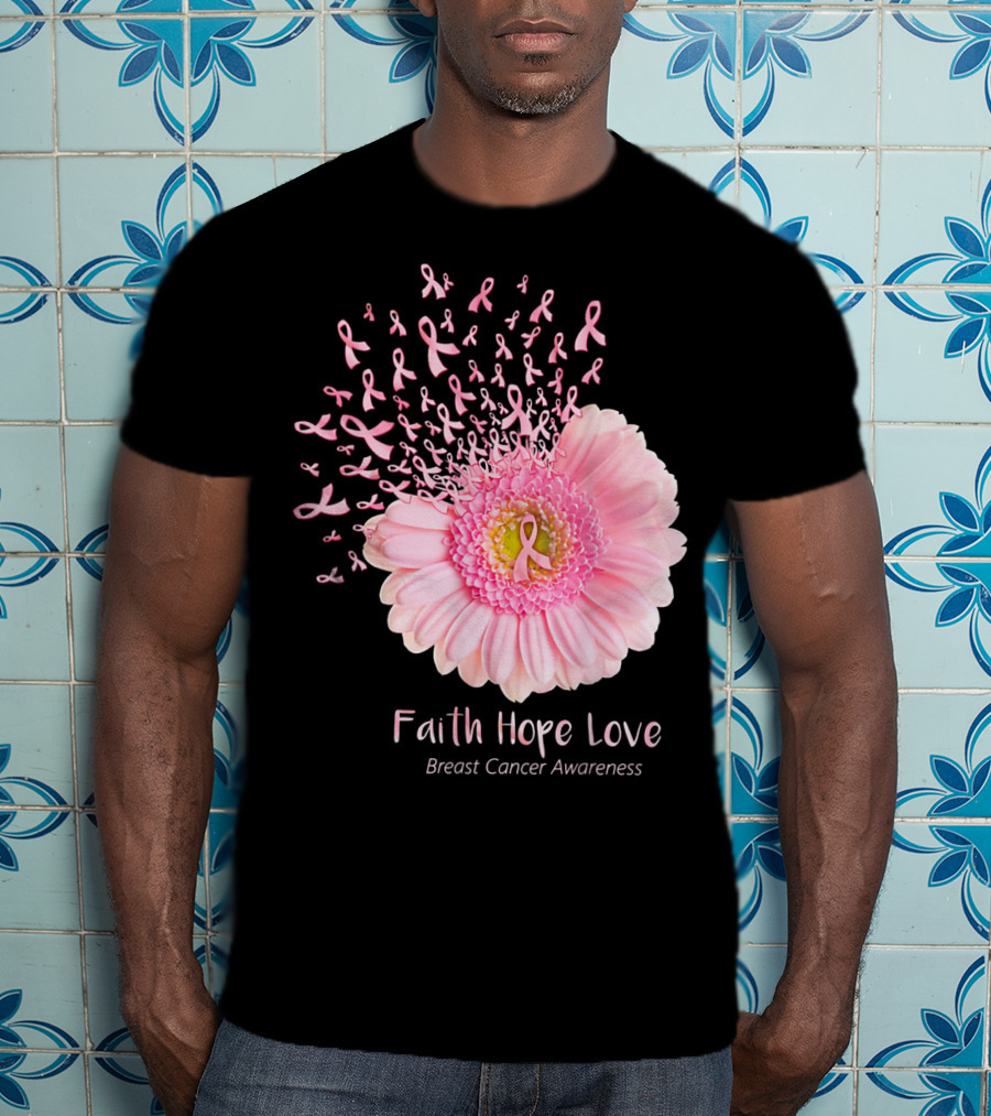 Faith Hope Love Breast Cancer Awareness Pink Ribbon Flower Explosion T-Shirt