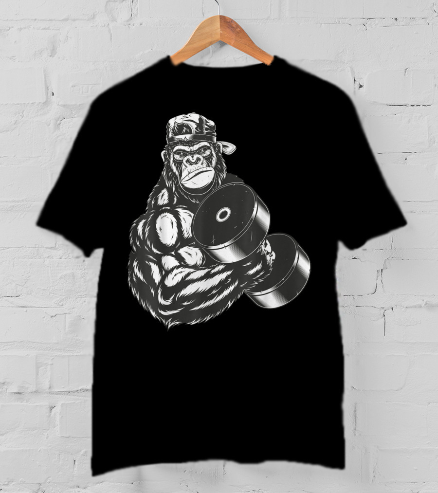 Ferocious Gorilla Bodybuilder Lifting Large Dumbbell In Cap T-Shirt