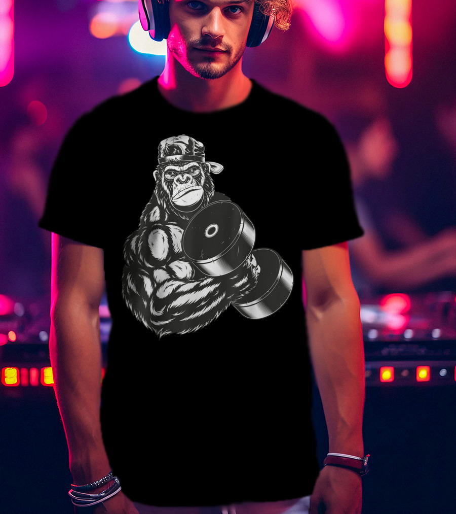 Ferocious Gorilla Bodybuilder Lifting Large Dumbbell In Cap T-Shirt