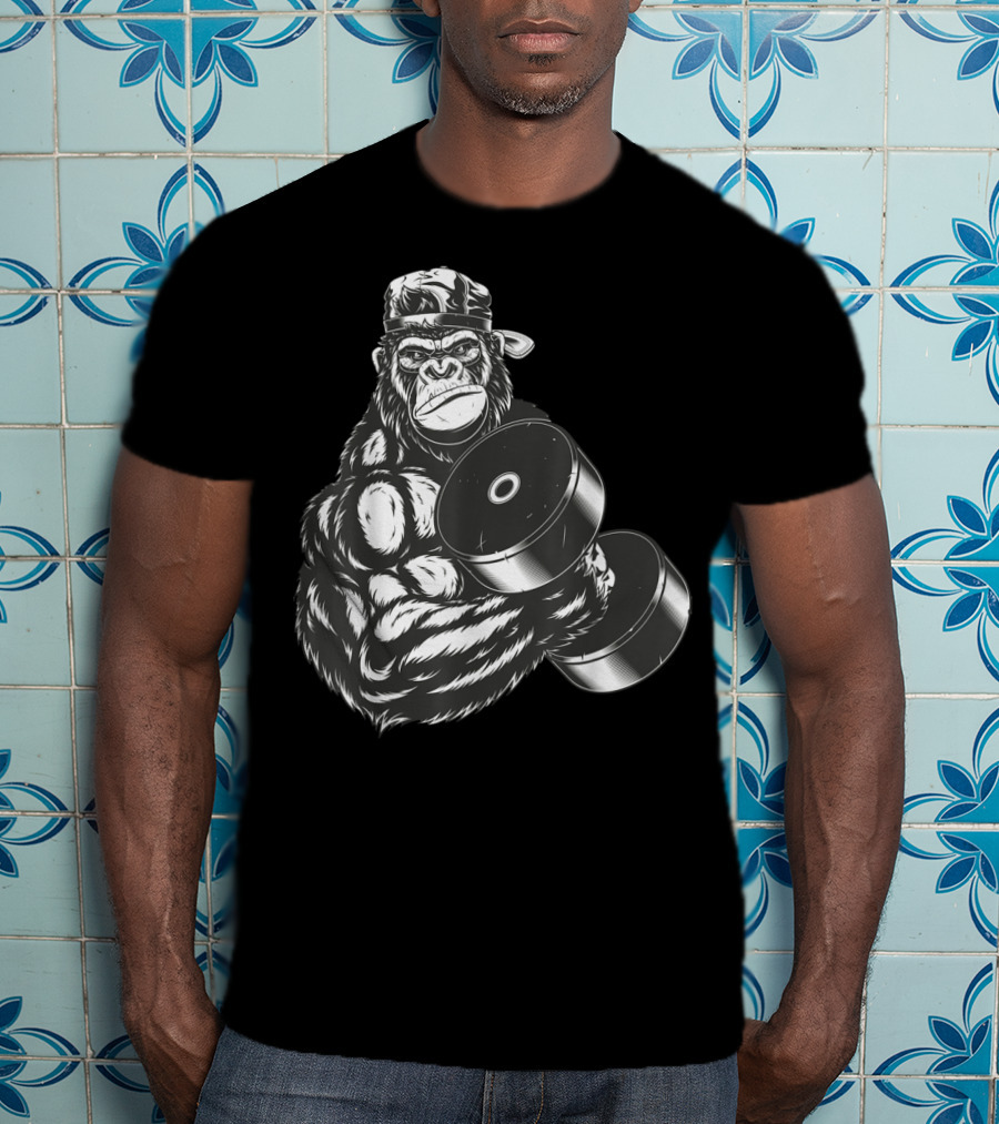 Ferocious Gorilla Bodybuilder Lifting Large Dumbbell In Cap T-Shirt
