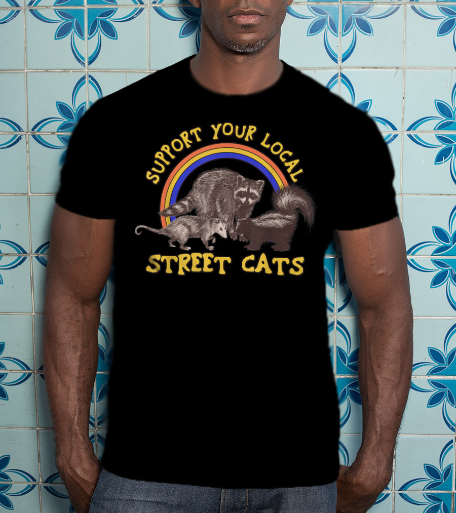 Support Your Local Street Cats Funny Raccoon Rainbow Trio T-Shirt