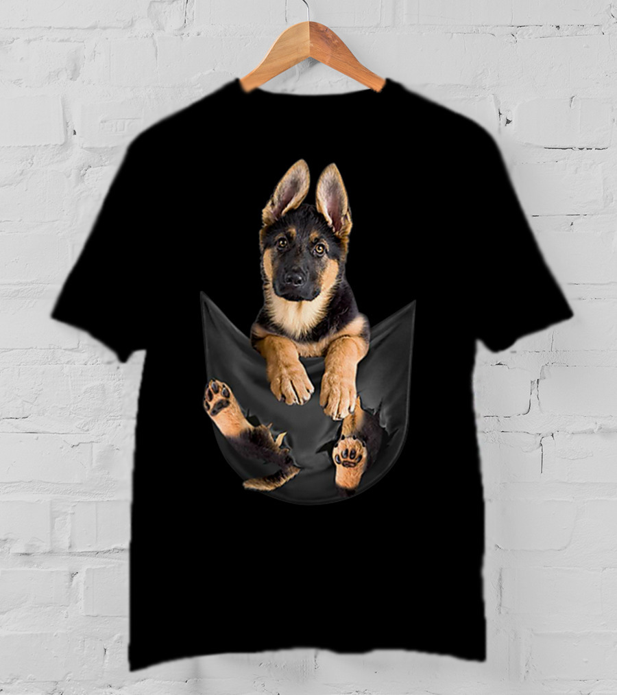 German Shepherd Puppy Paws Tearing Through Black Pocket T-Shirt