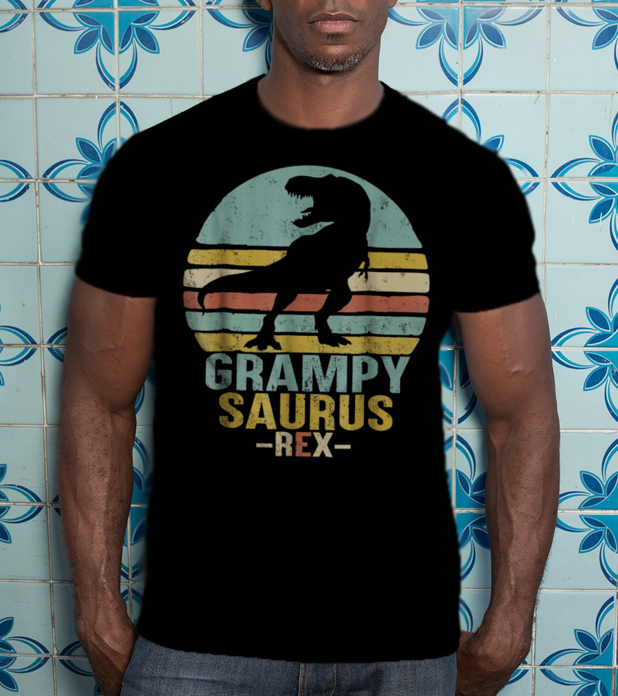 Grampysaurus Rex Funny Dinosaur Retro Sunset Stripes Grampy Sau T-Shirt