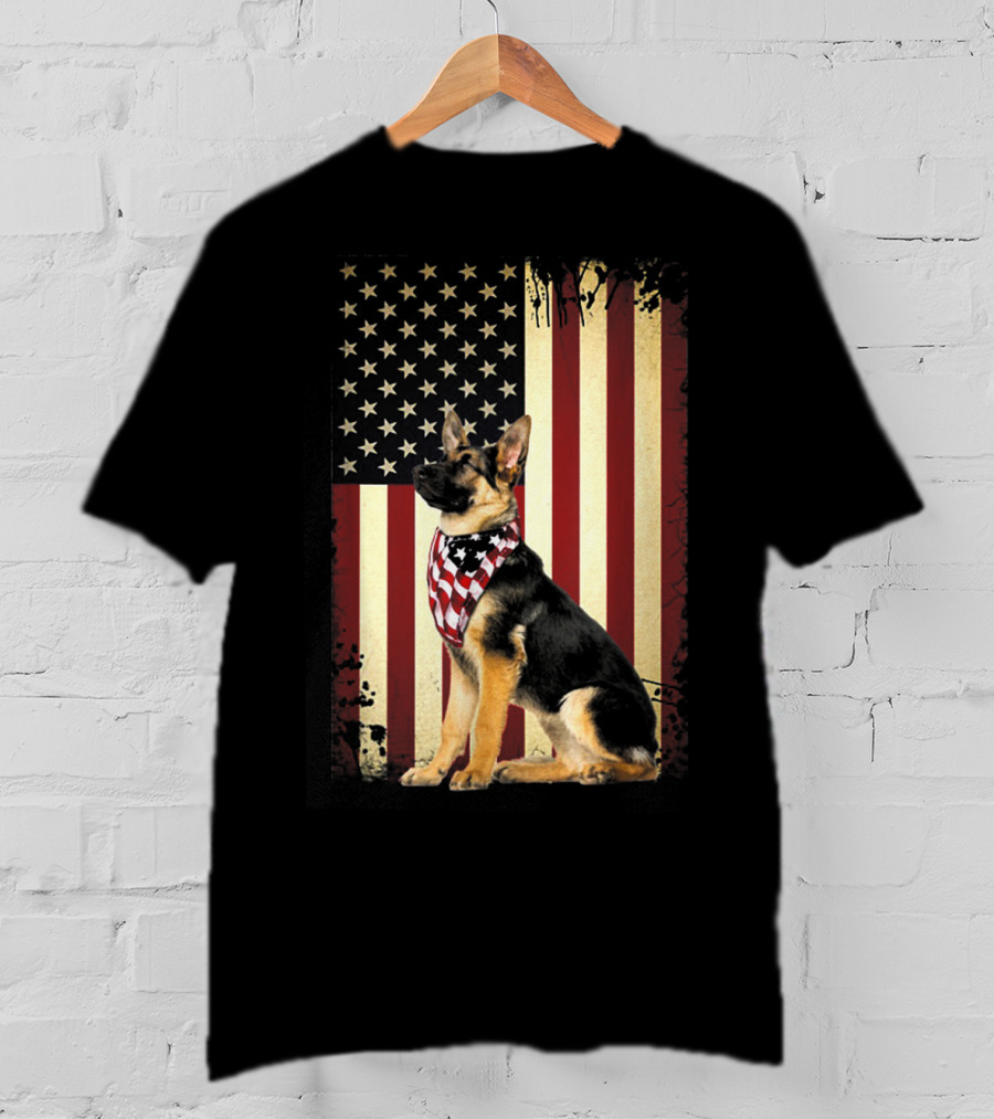 German Shepherd With American Flag Bandana In Front Of Stars And Stripes Flag T-Shirt