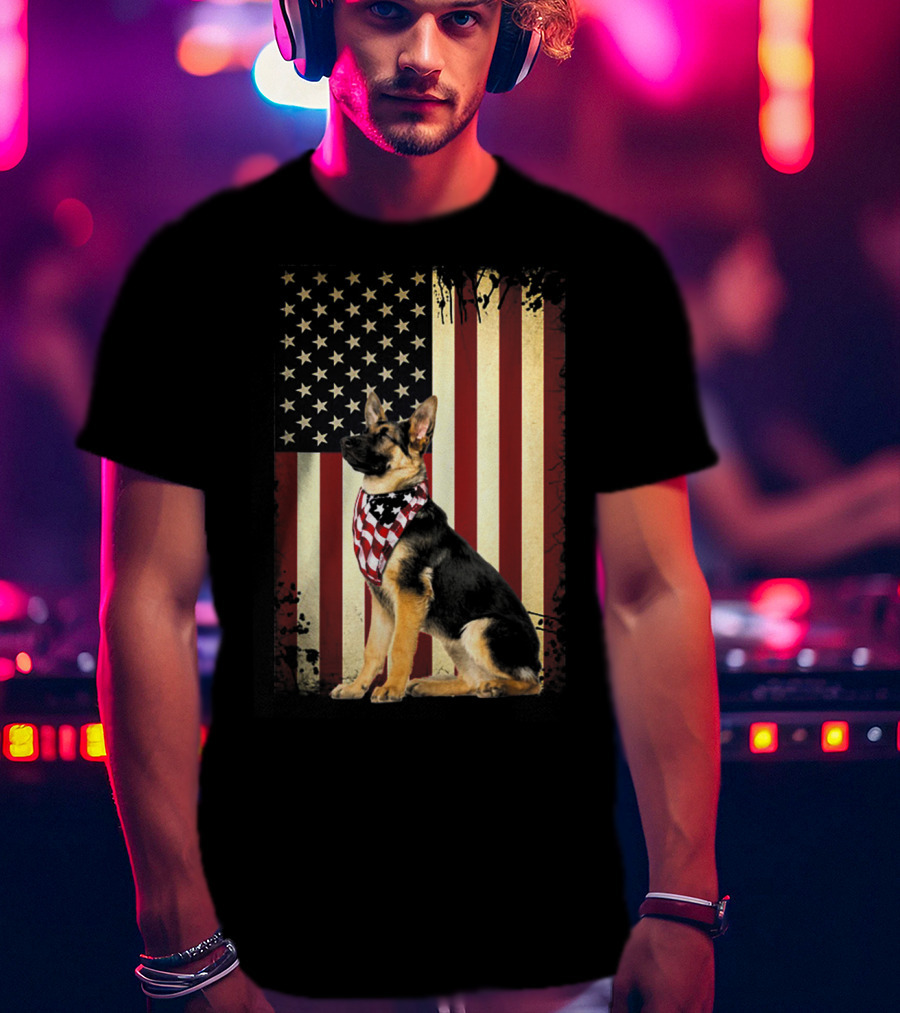 German Shepherd With American Flag Bandana In Front Of Stars And Stripes Flag T-Shirt