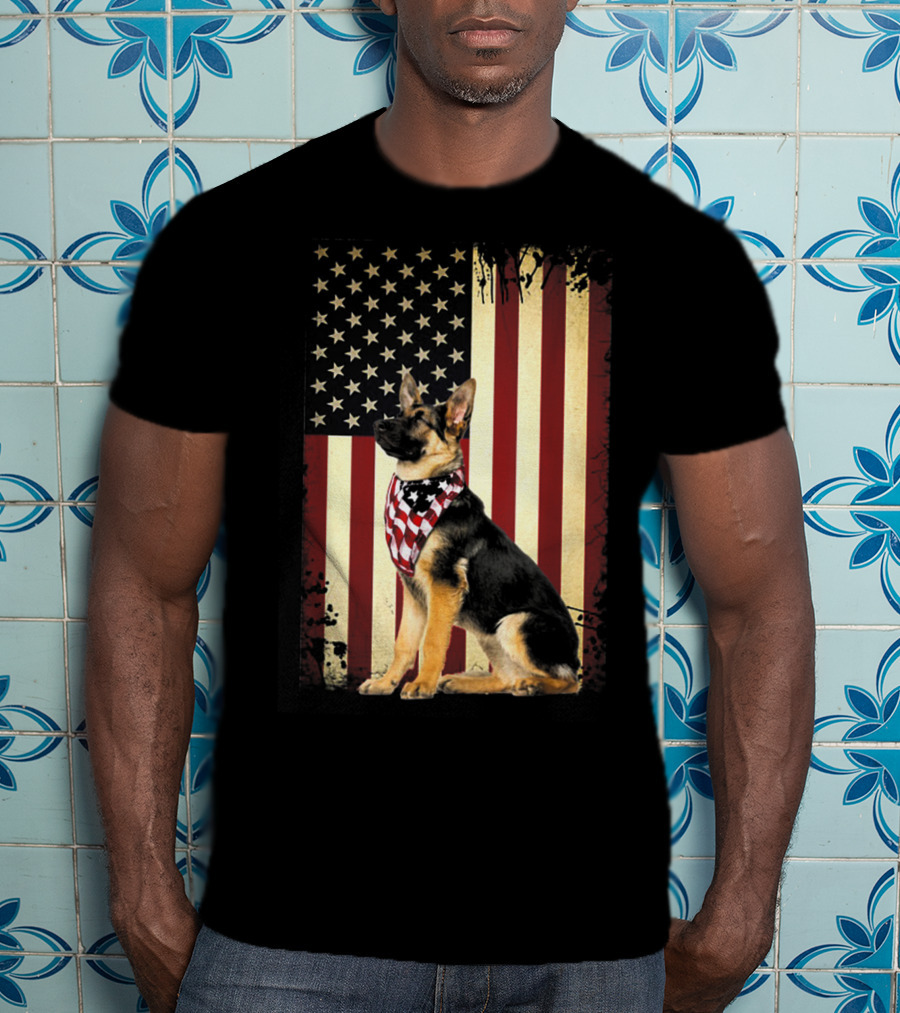 German Shepherd With American Flag Bandana In Front Of Stars And Stripes Flag T-Shirt