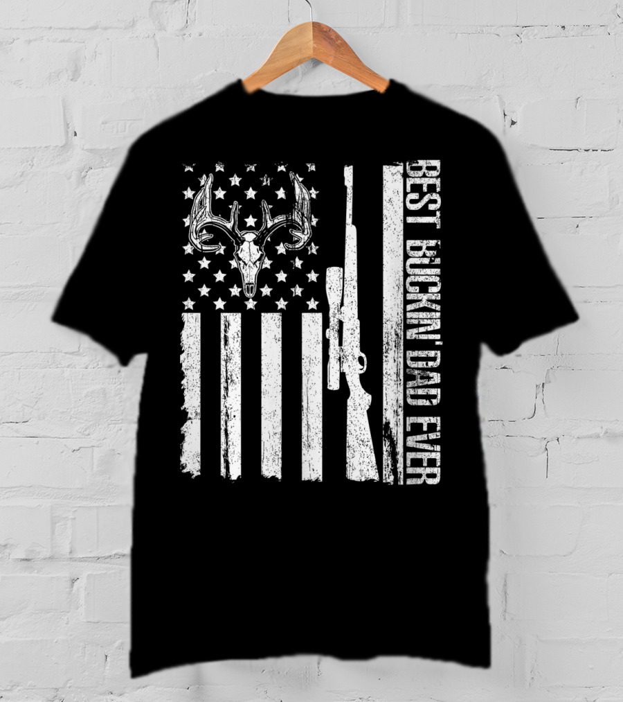Deer Hunting US Flag Best Buckin Dad Ever Vintage Rifle Buck Antlers T-Shirt