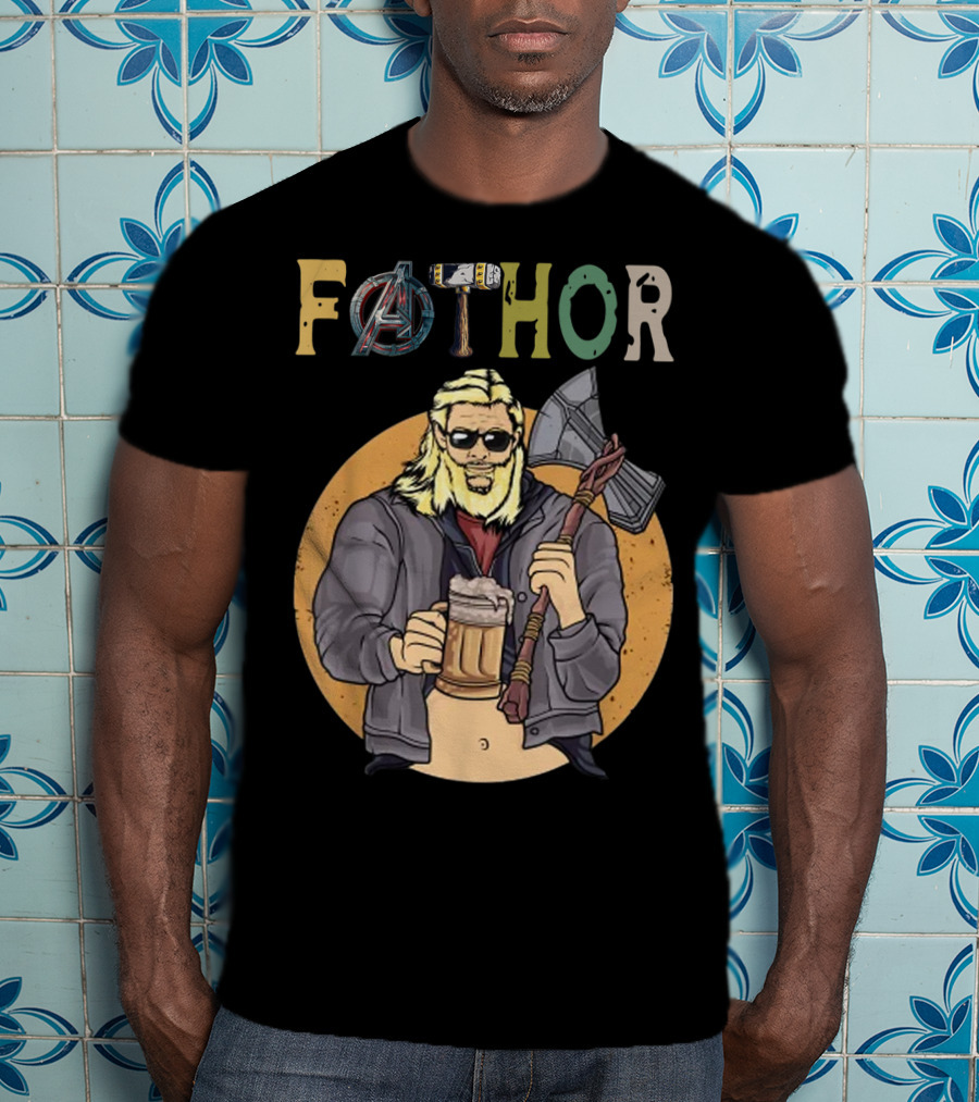 Fathor Avenger Beer Drinking Dad With Axe And Hammer T-Shirt