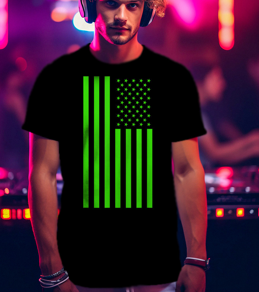 Green Banner USA Neon American Flag T-Shirt