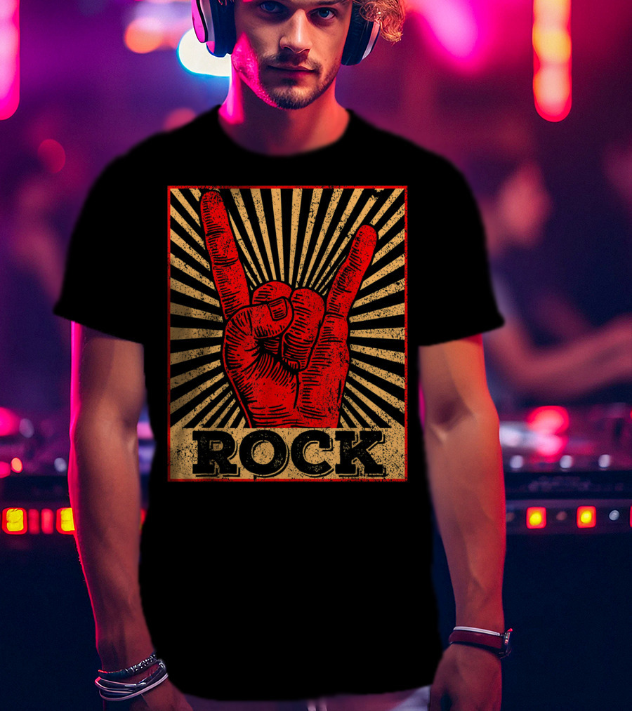 Vintage Rock N Roll Concert Band Hand Gesture Icon With Rock Text T-Shirt