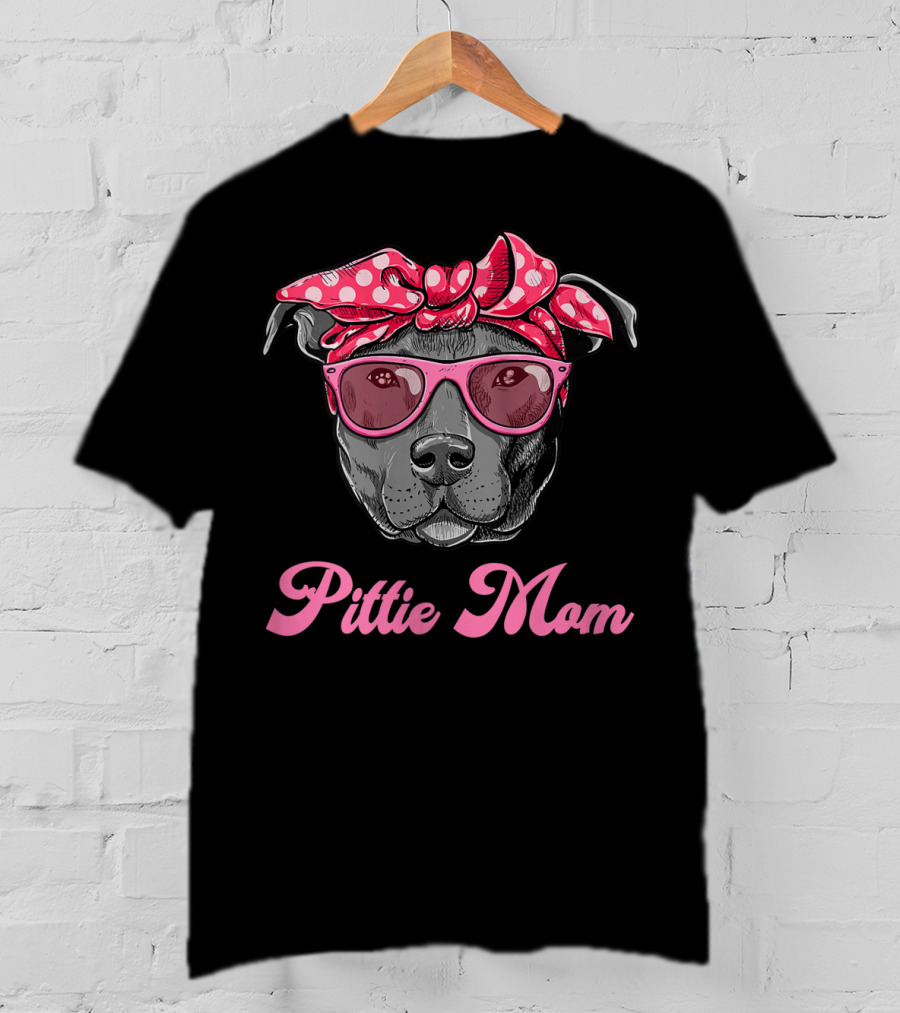 Pittie Mom Pitbull Dog With Polka Dot Bandana And Sunglasses T-Shirt