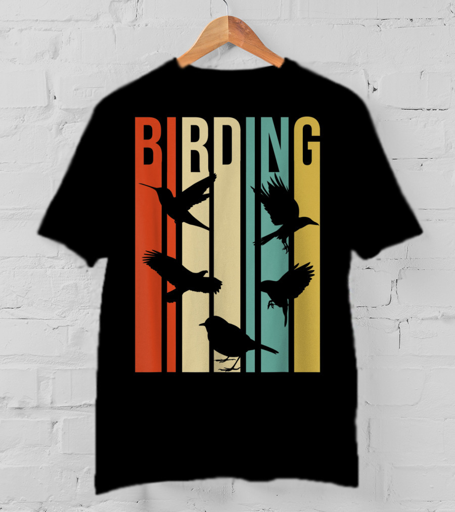 Vintage Style Birding For Birders With Silhouette Birds In Colorful Stripes T-Shirt