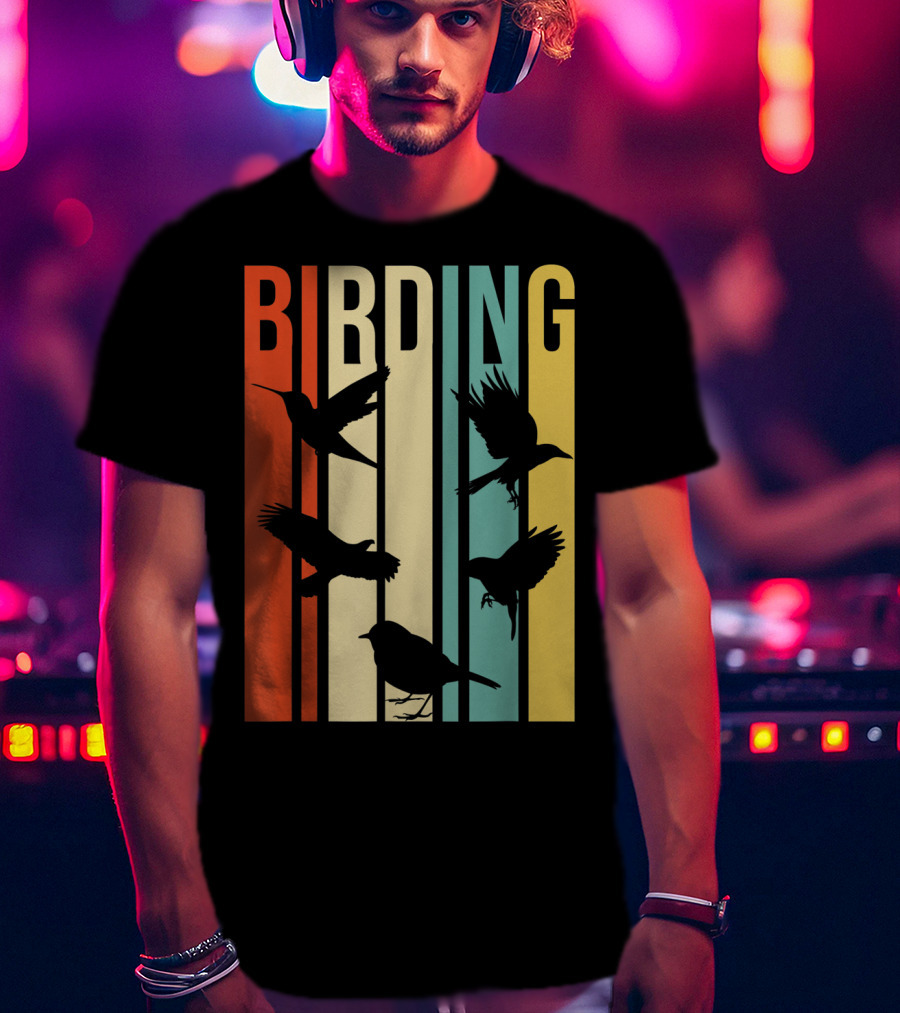 Vintage Style Birding For Birders With Silhouette Birds In Colorful Stripes T-Shirt
