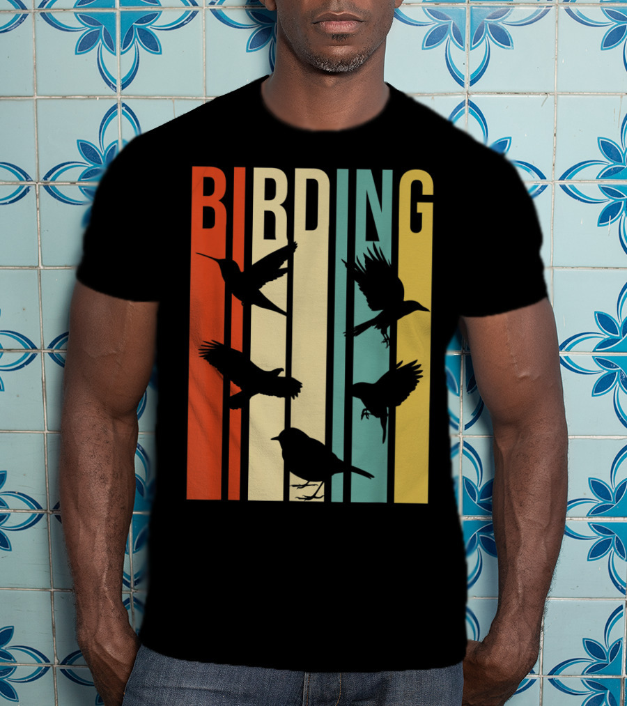 Vintage Style Birding For Birders With Silhouette Birds In Colorful Stripes T-Shirt
