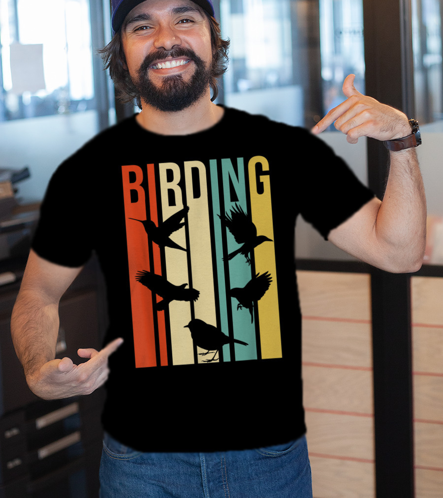 Vintage Style Birding For Birders With Silhouette Birds In Colorful Stripes T-Shirt