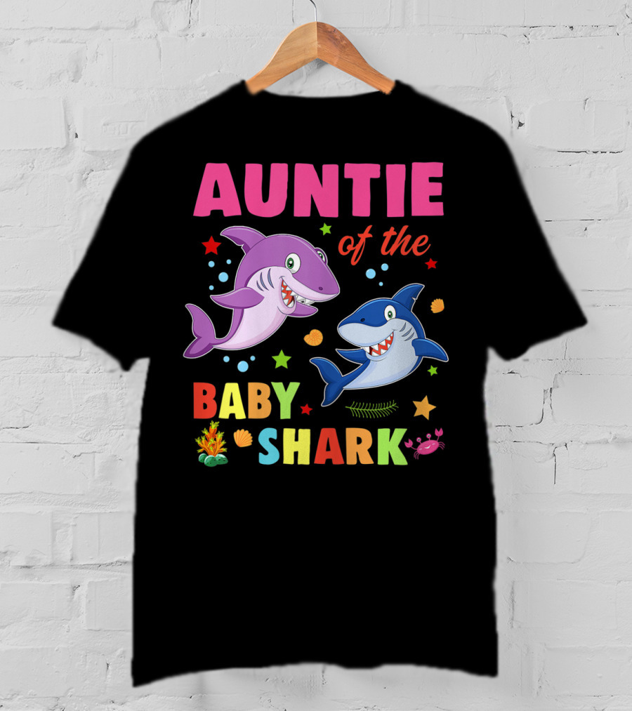 Auntie Of The Baby Shark Birthday Colorful Cartoon Sea Creatures T-Shirt