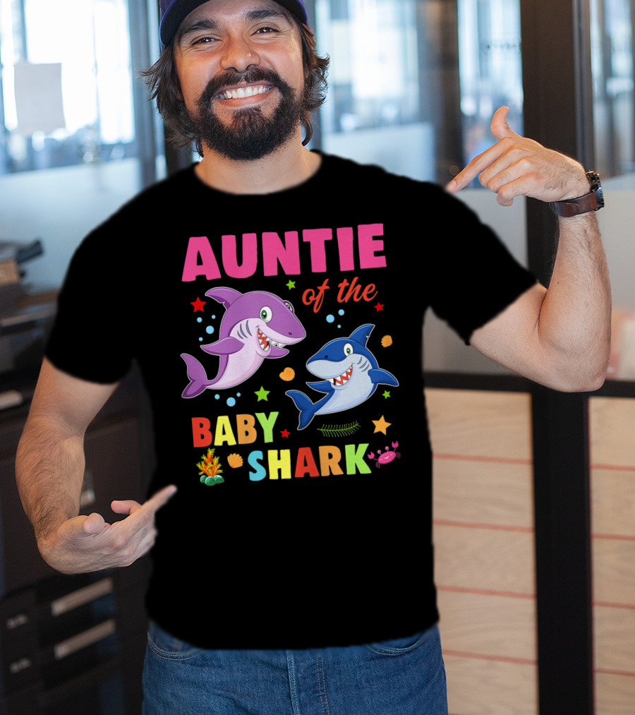 Auntie Of The Baby Shark Birthday Colorful Cartoon Sea Creatures T-Shirt