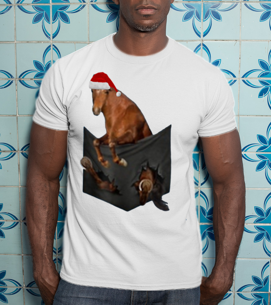 Santa Hat Criollo Horse Bursting From Pocket T-Shirt