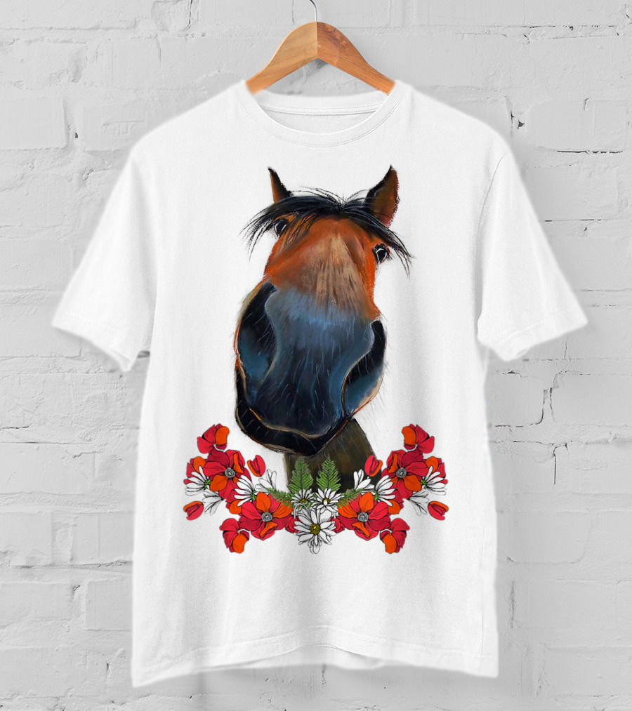 Adorable Horse With Red And White Flowers T-Shirt